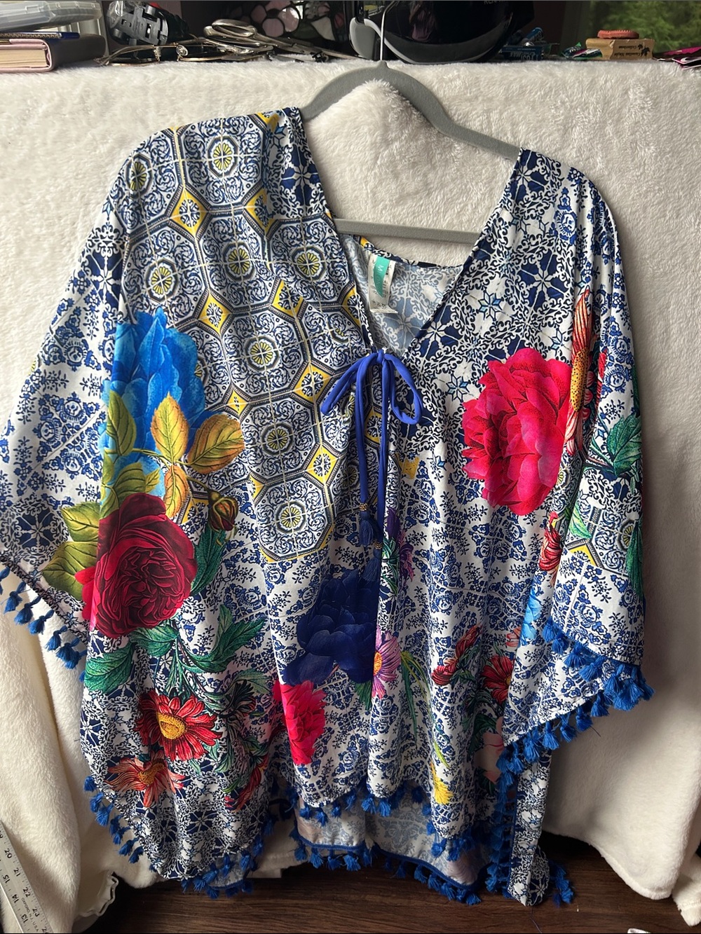 Milonga Women's Floral Blue Pom-Pom V-Neck Tunic Top
